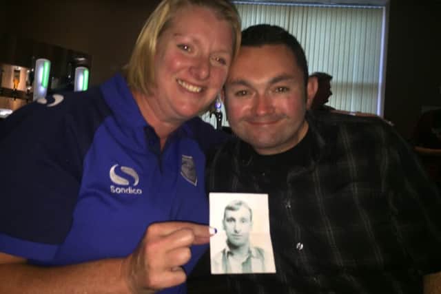 Sarah Lapworth holding a picture of her greatgrandfather and former Wednesday player George Beech. She's pictured with her husband Kelvin Lapworth.