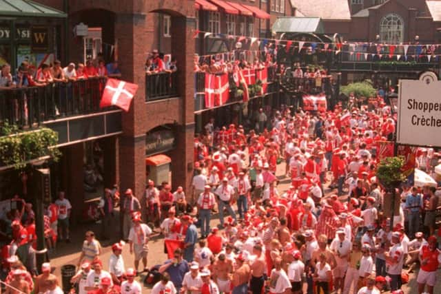 Orchard Square is mobbed by Danish fans during Euro 96