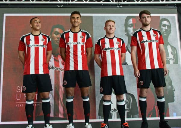 Sheffield United reveil their new kit and sponsor at Robin Hood Airport. Players Che Adams, Dominic Calvert-Lewin, Mark Duffy and Ben Whiteman, pictured. Picture: Marie Caley