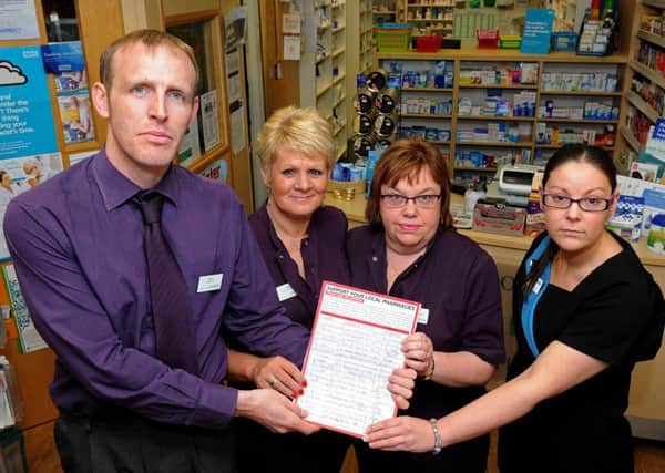 (l-r) Kevin Torr, Pharmacist, Anita Darling, Medicine Counter Assistant, Bev Griffiths, Technician and Zoe Gawthorpe, Technician, at Oakbrook Pharmacy are supporting a national petition against governement cuts that will affect smaller pharmacies. Picture: Andrew Roe