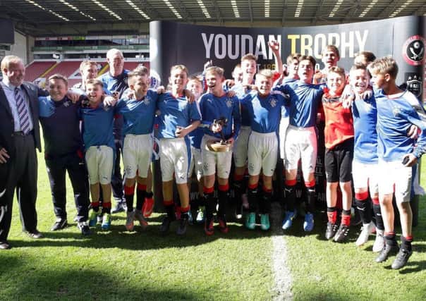 A jubilant Rangers FC after winning the inaugural Youdan Trophy  final at Bramall Lane last year