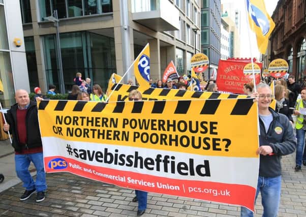 Trade unions hold a protest march through Sheffield at plans to axe 250 jobs and move the work to London. Photo: Chris Etchells