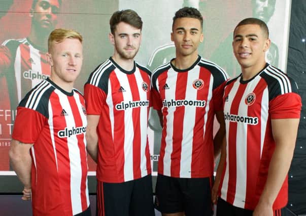 Sheffield United reveil their new kit and sponsor at Robin Hood Airport. Players Mark Duffy, Ben Whiteman, Dominic Calvert-Lewin and Che Adams pictured. Picture: Marie Caley