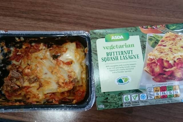 Sanah Wilkinson, 28, of Wheatley, Doncaster, was horrified to find a piece of meat in this Asda own brand butternut squash lasange.