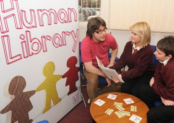 Pupils at the Dukeries college Ollerton take part in a scheme called the Human Library  talkig to people as living books from the left are Jonathon Wright Nottinghamshire health care Chloe Shaw and Charlie Froggatt







.