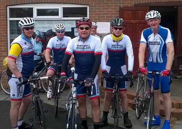 Birdwell Wheelers riders who rode in the Cote de Holme Moss 100 km Audax cycling even, left to rightt: Paul Mynett, Neil Addy, Tony Lodge, Tom Booth, and Bob Waterhouse.