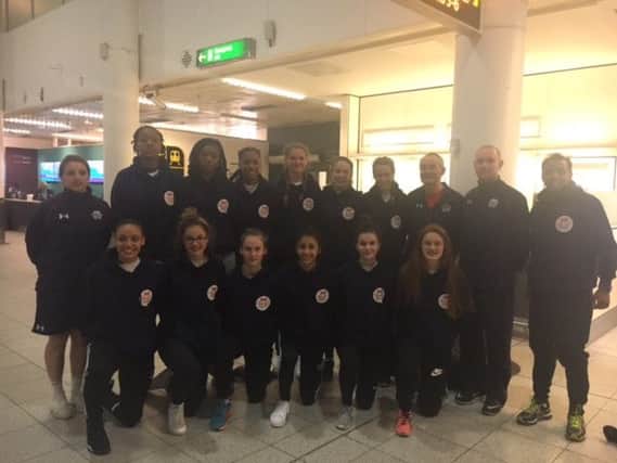 Hatters players Jess Southwell and Ashante Richards are second and third from the right in the England Under-15 Women's Basketball team at the airport before departing for Copenhagen for an international tournament from today (June 16) until Sunday.
