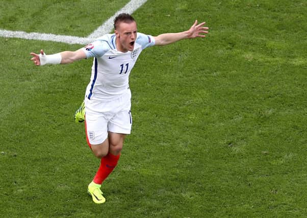 Jamie Vardy celebrates his equaliser for England against Wales