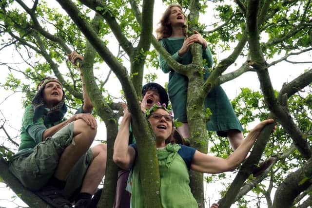 Robin Hood day on Wadsley Common: The 'Body of Sound" choir singing in an oak tree