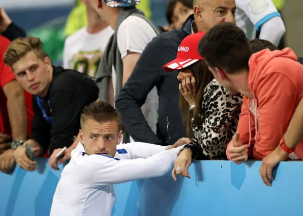 England's Jamie Vardy with wife Rebekah (centre) following the UEFA Euro 2016, Group B match at the Stade Geoffroy Guichard, Saint-Etienne.Photo: Owen Humphreys/PA Wire