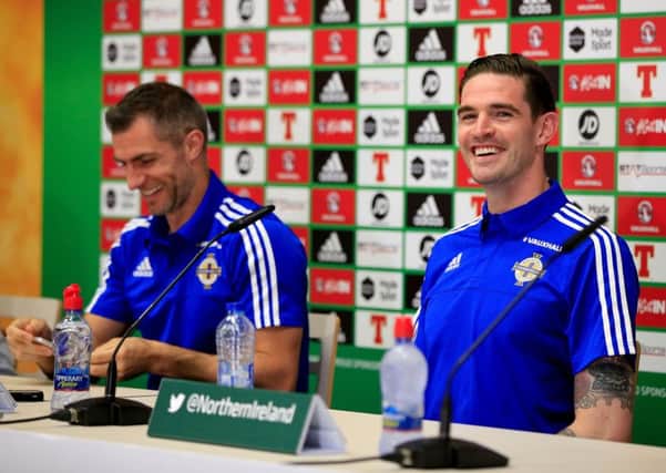 Northern Ireland's Kyle Lafferty (right) and Aaron Hughes during a press conference at Saint-Georges-de-Reneins. PRESS ASSOCIATION Photo.