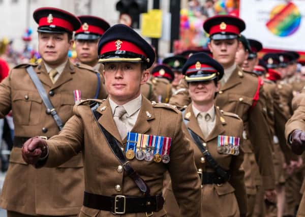 The Army Contingent marching at Pride
 
Armed forces and civilian defence personnel will march on Saturday to mark this yearÂ¬"s Pride in London. Over 200 personnel will take part in the march, which comes just two weeks after the tragic shootings in Orlando.
 
In a show of support for the lesbian, gay, bisexual and transgender community and LGBT Armed Forces staff, the Red Arrows will fly over Pride in London for the first time. Minister of State for the Armed Forces will host an event on Saturday morning for personnel taking part in the march.
This weekendÂ¬"s events round off a number of defence activities supporting this yearÂ¬"s Pride. The rainbow flag has flown over the Ministry of Defence Main Building on Whitehall all week. On Thursday evening, Army personnel lit up the Royal Military Academy at Sandhurst. Today, a joint military and civilian defence LGBT conference will take place in London. Attended by the Minister of State for the Armed Forces and other senior leaders from across the military and t