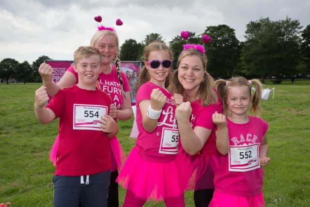 NDFP Race For Life Doncaster 5K Town Fields Doncaster L>R Sarah Skelthorn, Dylan Skelthorn age 11, Leah Fielding age 11, Caroline Hunt, Ellie Fielding age 8