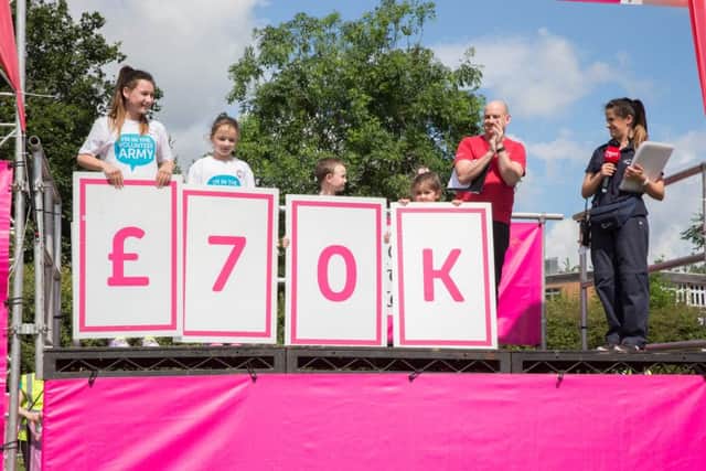 NDFP Race For Life Doncaster 5K Town Fields Doncaster. Money Raised, L>R Isabel Robinson age 11. Molly Robinson age 8, Lucas Johnson age 6, Lillia Shaw age 5, Stuaret Openshaw, Emma Colbourne