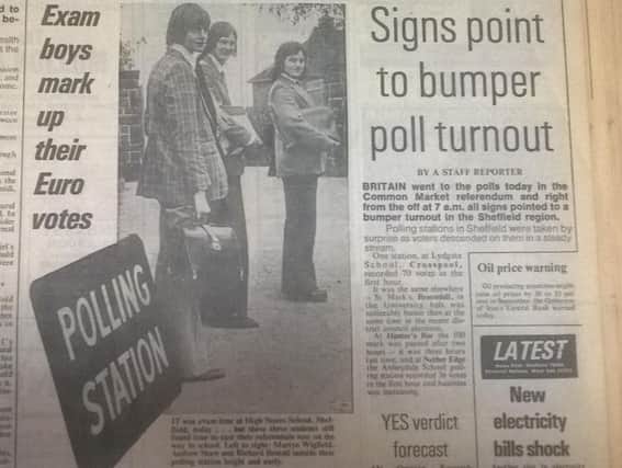 Fashions were somewhat different back at the polling stations in 1975.