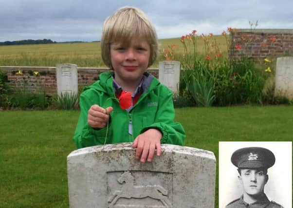 Oscar Varns, aged five, has been filmed reciting The Fallen, a poem about the Battle of the Somme. He is pictured at the Thiepval Memorial, in France. Inset picture is Oscar's Great Great Uncle Ernest Copley, who died within moments of the battle.