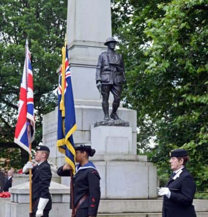 Standard Bearers pictured by the war memorial during the Somme Anniversary service. Picture: Marie Caley NSST Somme Memorial MC 6