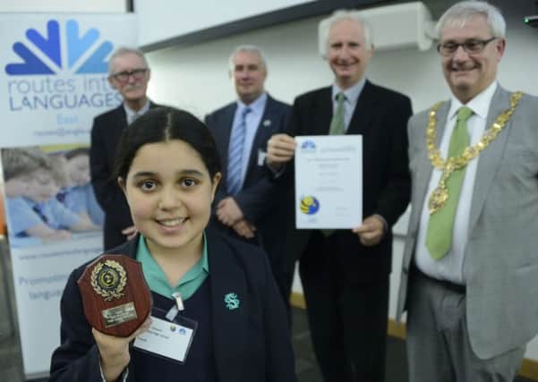 Nawar Hussain from Sheffield High School is celebrating after finishing as runner-up in the French category at the national final of the Routes into Languages Spelling Bee at Anglia Ruskin University. Photo: Phil Mynott