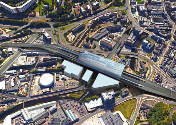A mock up picture of the HS2  station in Sheffield city centre by HLM Architects