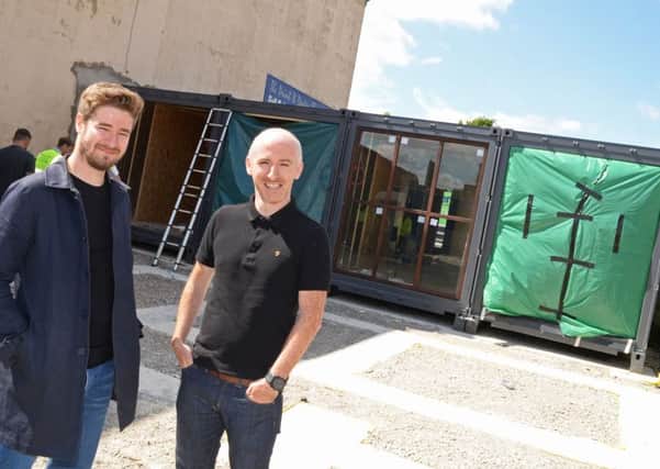 Luke French and Matt Bigland, pictured by their newest project, a Nordic themed restaurant called JORO that will be in a shipping container.  Picture: Marie Caley NSST JORO MC 3