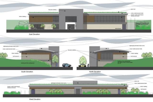 Elevations of the proposed pavilion which includes a fitness suite, changing rooms and a cafÃ©