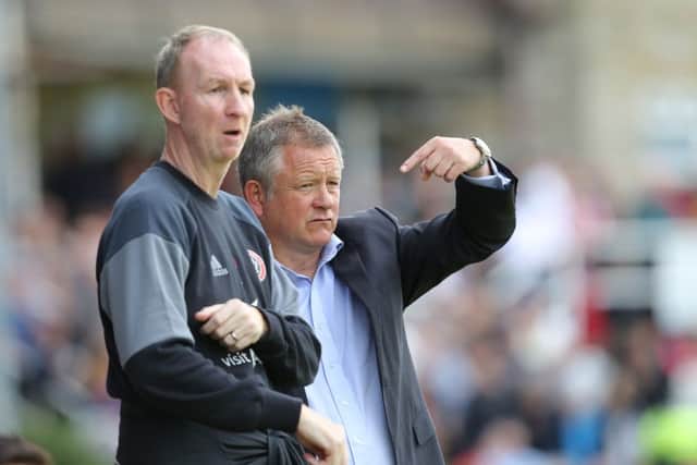 Alan Knill (l) assistant manager and Chris Wilder (r) manager of Sheffield Utd during the pre season friendly at the Local Look Stadium, Stocksbridge.