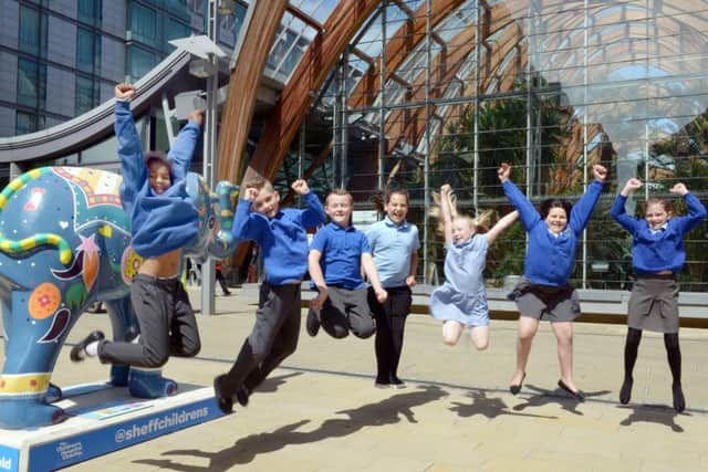 Herd of Sheffield Launch with St Theresa's Catholic Primary School children outside the Winter Gardens