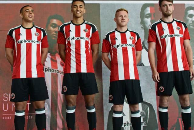 The new Blades home kit modelled by Che Adams, Dominic Calvert-Lewin, Mark Duffy and Ben Whiteman. Picture: Marie Caley