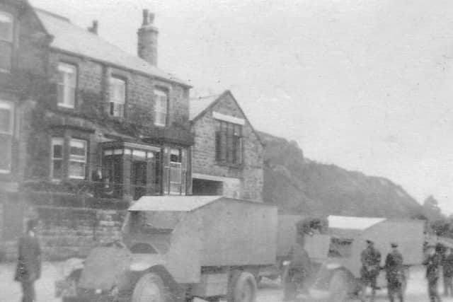 Armoured cars call at the Norfolk Arms, Hollow Meadows on their way to Manchester for the 1926 General Strike