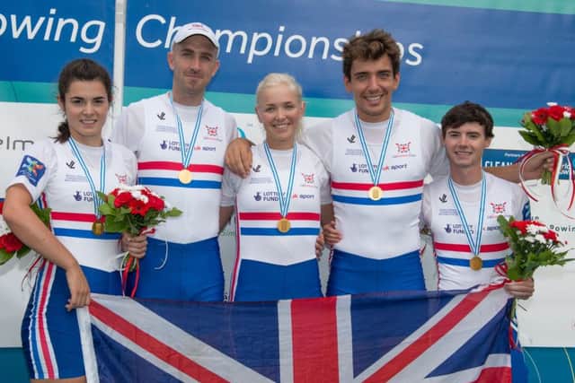 Grace Cough, left, with the rest of the World Championship gold medal-winning team Daniel Brown,  Pamela Relph, James Fox and Co  Oliver James in France last year. Picture: Peter Spurrier/Intersport Images