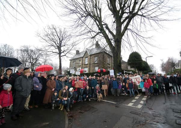 Protesters gather in force to complain about the planned feling of an Elm tree at Chelsea Road