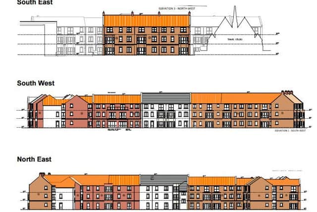 Elevations to show the extra care home facility that is to be built on land next to Peel Hill Motte on Church Street, Thorne, Doncaster.