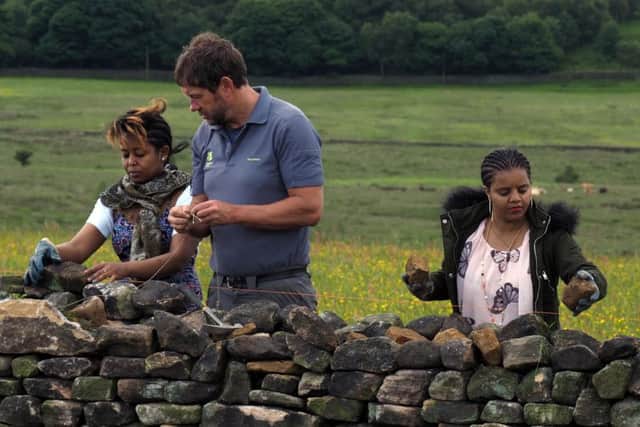 Refugees from British Red Cross helping repair a wall near Froggatt. National Trust ranger Mark Bull helping Saba Zaray (left) while Aziebe Yemane gets on with the work