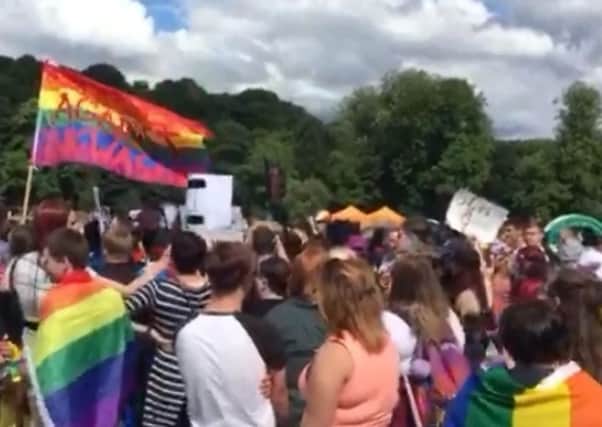 Sheffield Pride attendees surround Christian protestors.