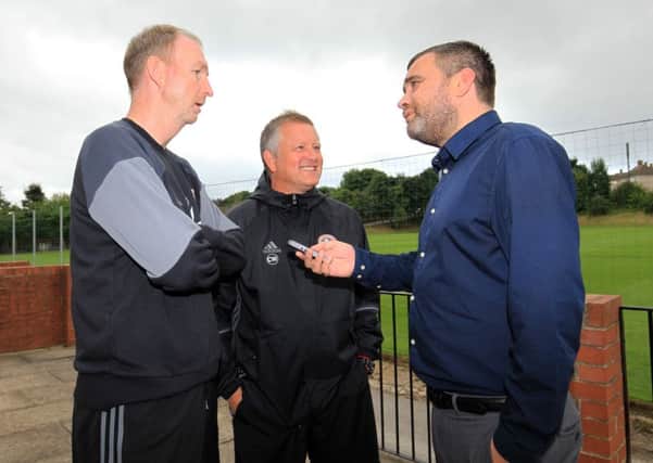James Shield (right) with Sheffield United manager Chris Wilder and assistant manager Alan Knill.
