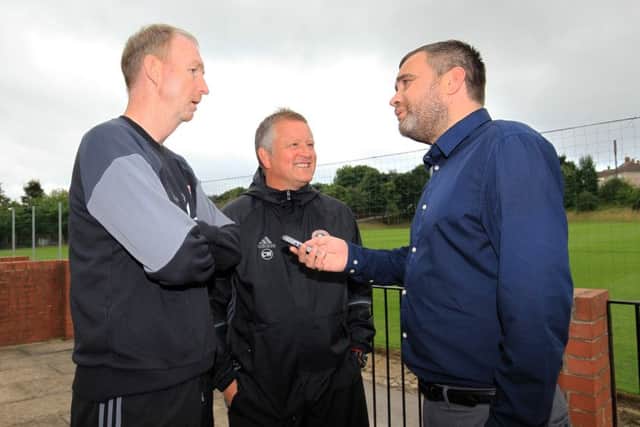 James Shield (right) with Sheffield United manager Chris Wilder and assistant manager Alan Knill.