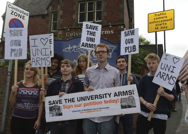 Students protest outside the University Arms in Sheffield which is threatened with demolition