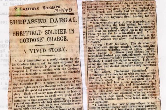 A letter that Joseph Hawtin wrote to the Sheffield Telegraph about a 1914 battle he fought in