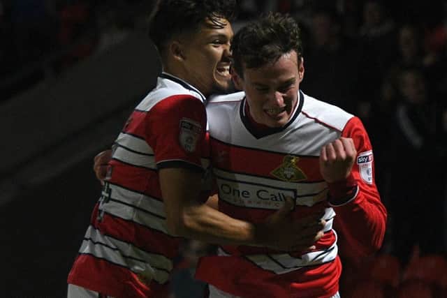 Liam Mandeville celebrates his equalising goal for Rovers in the EFL Cup clash with Nottingham Forest