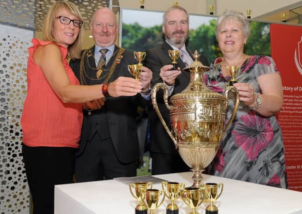 (l-r) Abby Chandler, marketing manager at Doncaster Racecourse, Civic Mayor David Nevett, Coun Bill Mordue, cabinet portfolio holder for business, skills, tourism and culture and Civic Mayoress Kathleen Nevett at the launch of the St Leger Festival Week. Picture: Andrew Roe