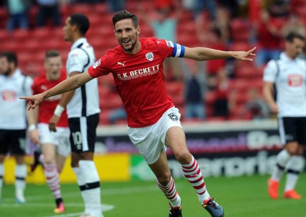 Barnsley's Conor Hourihane celebrates after his shot lead to the first goal. 
Picture : Jonathan Gawthorpe