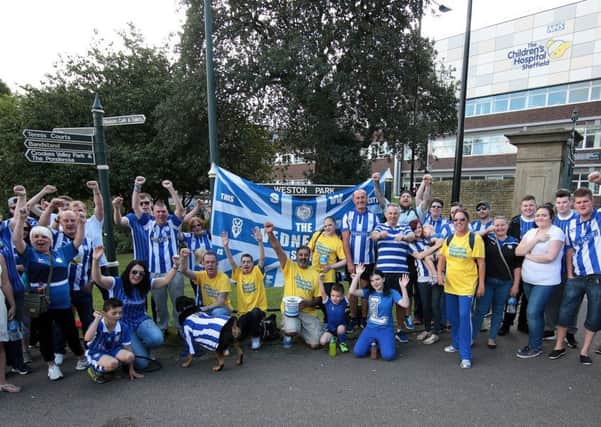 Sheffield wednesday Fans ready for a charity walk from the Childrens Hospital to Hillsborough, Sheffield, United Kingdom on 6 August 2016. Photo by Glenn Ashley Photography