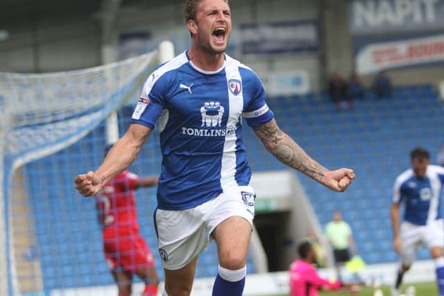 Chesterfield FC v Swindon Town, skipper Gary Liddle celebrates scoring the opening goal