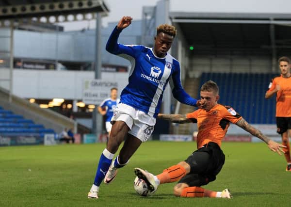 Chesterfield v Wolverhampton Wanderers in the Checkatrade Trophy at the Proact on Tuesday August 30th 2016. Chesterfield player Gboly Ariyibi in action. Photo: Chris Etchells