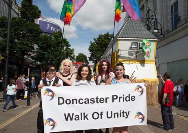 NDFP - Doncaster Pride 2015      L>R Bridie Thompson, Glenda Bender, Caroline Flint MP for Don Valley, Stephanie Nightwalker, Catt Rushby