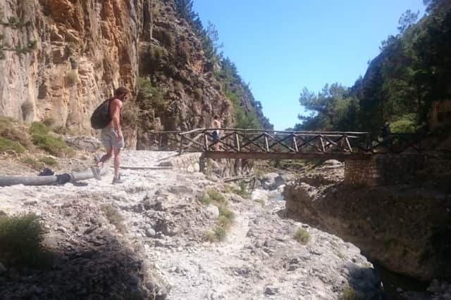 Reporter Dan Hobson trekking through the Samaria Gorge in Crete, Greece. Photo by Mel Blake.