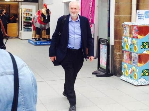 Labour leader Jeremy Corbyn pictured arriving at Sheffield railway station. (Photo: Momentum Sheffield).