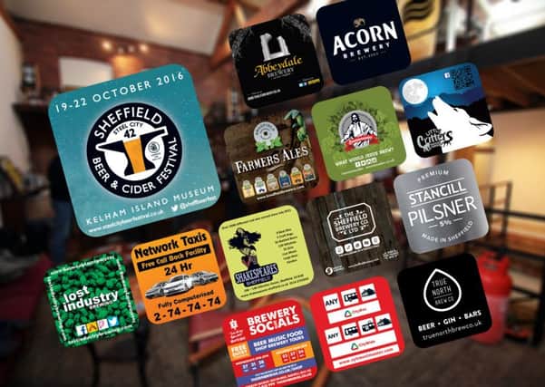 The beermats being auctioned on eBay for Sheffield Camra's 2016 Steel City Beer and Cider Festival, including: Abbeydale Brewery, Acorn Brewery, Bradfield Brewery, Emmanuales, Little Critters Brewing Co, Lost Industry Brewing, Network Taxis, Shakespeares, Sheffield Brewery Co, Stancill Brewery, Thornbridge Brewery, Travelmaster, True North Brew Co