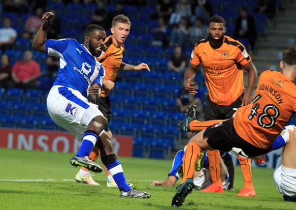 Chesterfield v Wolverhampton Wanderers in the Checkatrade Trophy at the Proact on Tuesday August 30th 2016. Sylvan Ebanks-Blake scores for Chesterfield. Photo: Chris Etchells