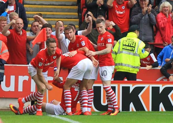 Barnsley celebrate after the second goal against Rotherham. Pictures: Chris Etchells
